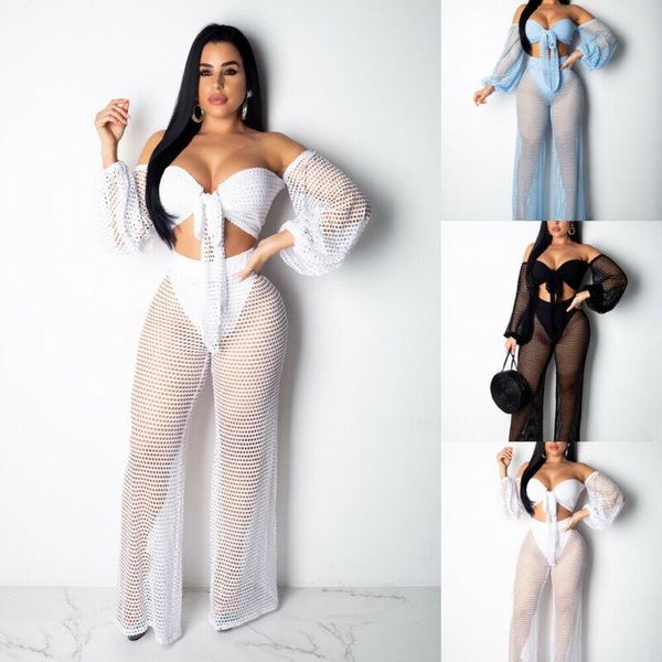 women bikinis cover ups mesh fishnet two-pieces summer see-through swimsuit beachwear long sleeve transparent pants set women's swi, White;black
women bikinis cover ups mesh fishnet two-pieces summer see-through swimsuit beachwear long sleeve transparent pants set women's swi, White;black