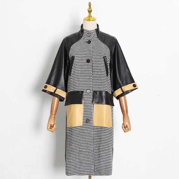 european and american autumn stand-up collar plaid stitching pu hit color big pockets three-quarter sleeve coat, Black;gray
european and american autumn stand-up collar plaid stitching pu hit color big pockets three-quarter sleeve coat, Black;gray