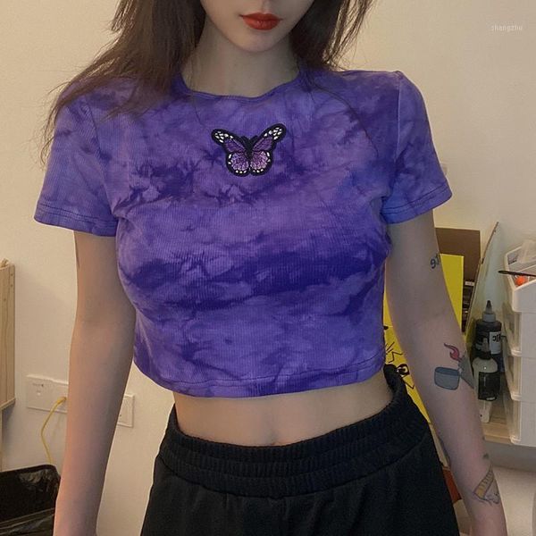 women's t-shirt summer women tie dye cropped casual butterfly embroidery short sleeve t-shirts purple blue o-neck slim fit tees party, White
women's t-shirt summer women tie dye cropped casual butterfly embroidery short sleeve t-shirts purple blue o-neck slim fit tees party, White
