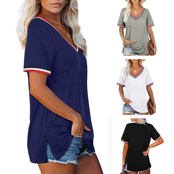 women's t-shirt v-neck slit short sleeve loose casual fashion classic pure color striped tunic spring/summer, White
women's t-shirt v-neck slit short sleeve loose casual fashion classic pure color striped tunic spring/summer, White