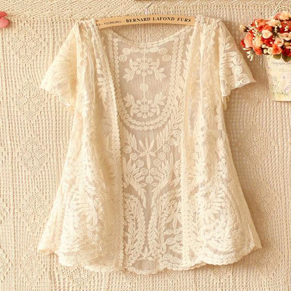 women's swimwear bikini shawl women cover-ups pareo sarongs crochet short-sleeved lace beach sunscreen blouse c1535, White;black