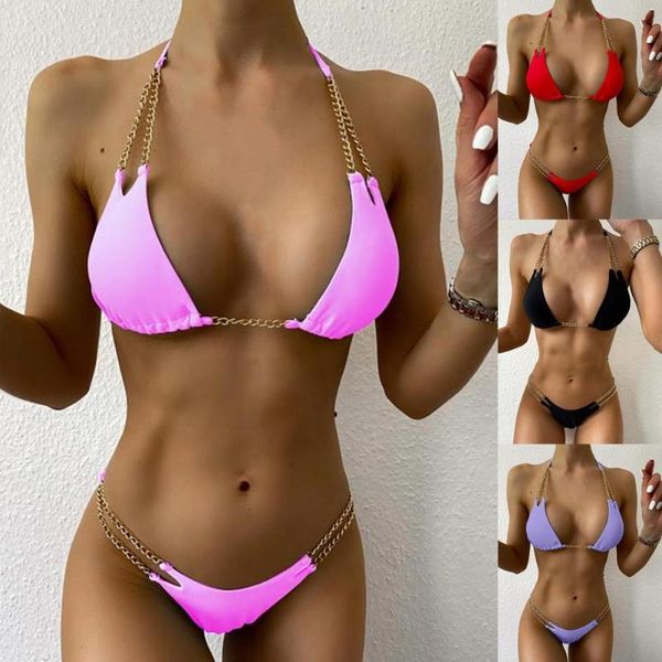 women's swimwear women metal chain lacing halter bra triangle underwear swimsuit bikini set for swimming, White;black
women's swimwear women metal chain lacing halter bra triangle underwear swimsuit bikini set for swimming, White;black