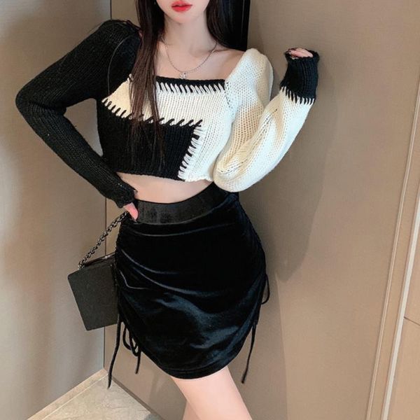 women's sweaters autumn knit sweater suit stitching long-sleeved bottoming + drawstring black skirt, White;black
women's sweaters autumn knit sweater suit stitching long-sleeved bottoming + drawstring black skirt, White;black
