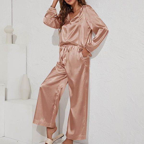 women's two piece pants autumn ice silk pajamas ladies lapel casual loose home clothes long-sleeved trousers two-piece suit, White
women's two piece pants autumn ice silk pajamas ladies lapel casual loose home clothes long-sleeved trousers two-piece suit, White