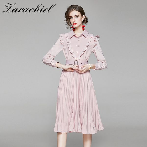 autumn ruffles pink chiffon women long sleeve slim waist belted pleated female pearls button midi dress 210416, Black;gray
autumn ruffles pink chiffon women long sleeve slim waist belted pleated female pearls button midi dress 210416, Black;gray