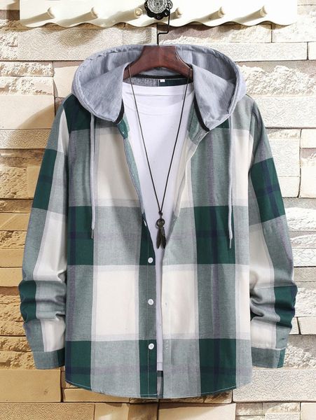 men plaid button front drawstring hooded shirt s8uh#, White;black
men plaid button front drawstring hooded shirt s8uh#, White;black