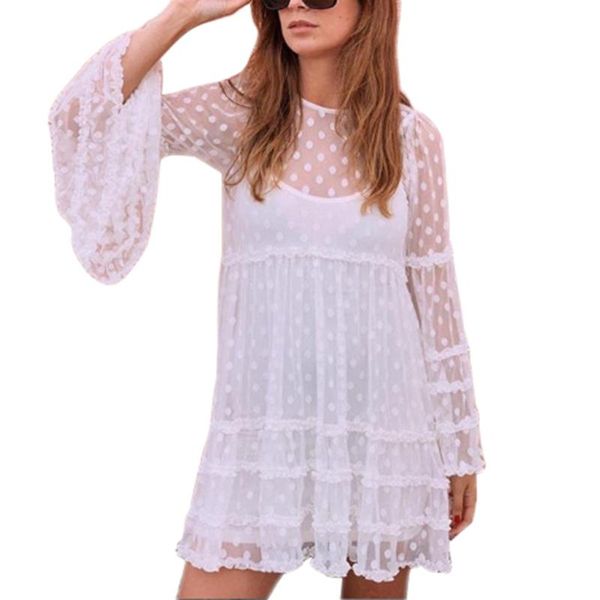 women long sleeve boho beach dot dress 2021 bikini see through cover up swing summer holiday sundress women's swimwear, White;black
women long sleeve boho beach dot dress 2021 bikini see through cover up swing summer holiday sundress women's swimwear, White;black