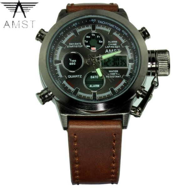 waterproof men watches quartz dual movement lcd digital analog military sport male clock handmade leather strap amst3003 wristwatches, Slivery;brown
waterproof men watches quartz dual movement lcd digital analog military sport male clock handmade leather strap amst3003 wristwatches, Slivery;brown