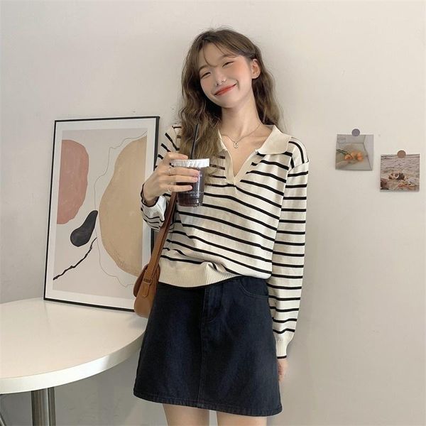 women's sweaters small early autumn loose all-match collar striped sweater v-neck long-sleeved t-shirt xs., White;black
women's sweaters small early autumn loose all-match collar striped sweater v-neck long-sleeved t-shirt xs., White;black