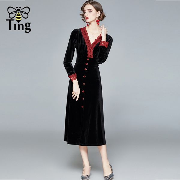 vintage elegant lace v neck women high waist black velvet midi long dress button decor work casual plus size dresses 210513, Black;gray
vintage elegant lace v neck women high waist black velvet midi long dress button decor work casual plus size dresses 210513, Black;gray