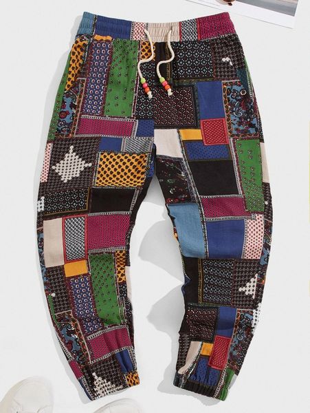 men patchwork print drawstring waist joggers d9qf#, Black