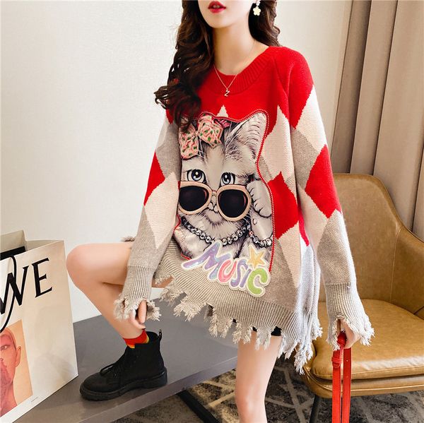 medium long cute cartoon sweater women's pullover autumn new net red loose lazy chic versatile fashion, White;black
medium long cute cartoon sweater women's pullover autumn new net red loose lazy chic versatile fashion, White;black