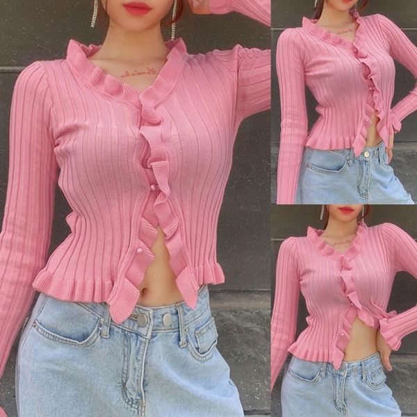 women autumn long sleeve sweater cardigan v-neck ribbed knitted pink crop button down ruffles shrug shirt coat women's knits & tees, White
women autumn long sleeve sweater cardigan v-neck ribbed knitted pink crop button down ruffles shrug shirt coat women's knits & tees, White