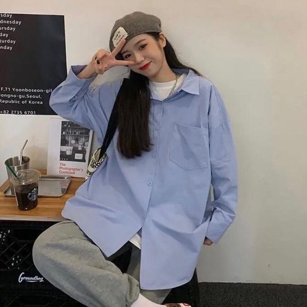 casual shirt for men men's long sleeve loose pure color blue white camisa hombre l korean clothing fashion 2021 shirts, White;black 
casual shirt for men men's long sleeve loose pure color blue white camisa hombre l korean clothing fashion 2021 shirts, White;black