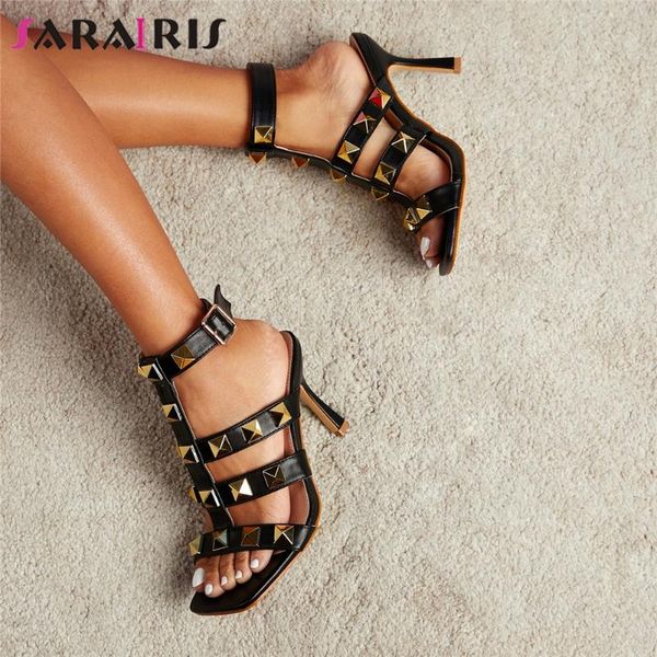 dress shoes sarairis 2021 summer women's thin high heels sandals beach vacation female open toe rivet buckle fashion ladies, Black