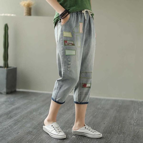 arrival summer arts style women elastic waist cotton denim calf-length pants vintage embroidery patchwork ripped jeans a133 women's, Blue
arrival summer arts style women elastic waist cotton denim calf-length pants vintage embroidery patchwork ripped jeans a133 women's, Blue