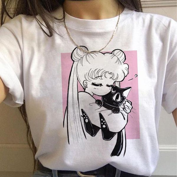 sailor moon 90s funny harajuku womens ullzang aesthetic cat anime kawaii tee, White