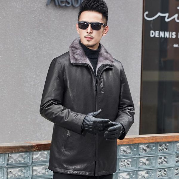 men's leather & faux haining coat goatskin detachable real fur medium long mink liner winter, Black
men's leather & faux haining coat goatskin detachable real fur medium long mink liner winter, Black