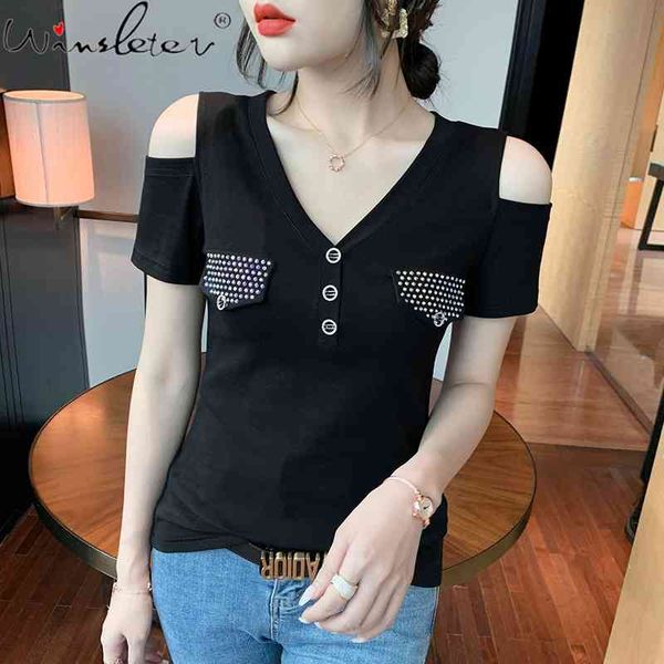 women's t-shirt summer korean style cotton chic v-neck button off shoulder diamonds women short sleeve casual tees t1552, White
women's t-shirt summer korean style cotton chic v-neck button off shoulder diamonds women short sleeve casual tees t1552, White