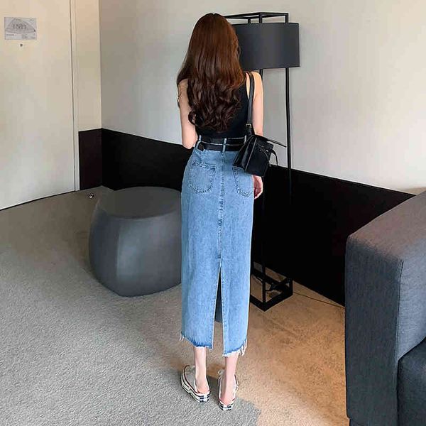 skirts autumn long jeans with double belt fashionable casual high waist blue slit denim for women straight ktne, Black