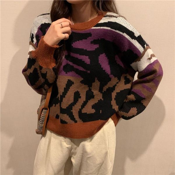women's sweaters autumn retro hit color oil painting matching zebra pattern pullover long-sleeved sweater loose knit women, White;black
women's sweaters autumn retro hit color oil painting matching zebra pattern pullover long-sleeved sweater loose knit women, White;black