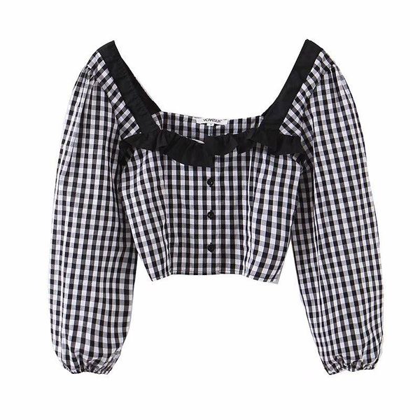 women's blouses & shirts 2021 women vintage square collar plaid print smock blouse female black ruffles spliced shirt prairie chic blus, White
women's blouses & shirts 2021 women vintage square collar plaid print smock blouse female black ruffles spliced shirt prairie chic blus, White