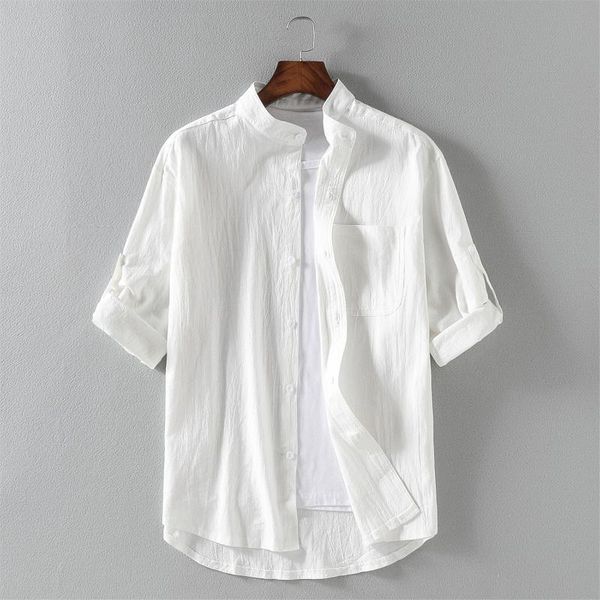 men's summer stand collar cotton and linen half sleeve shirt loose solid color casual shirts, White;black
men's summer stand collar cotton and linen half sleeve shirt loose solid color casual shirts, White;black
