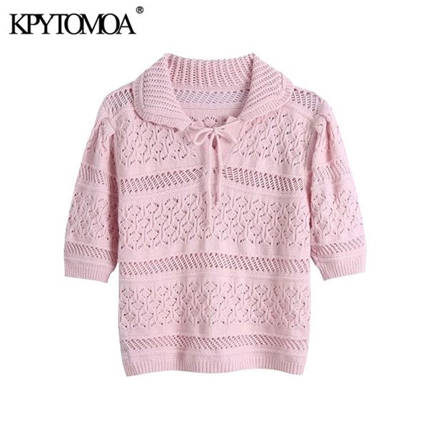 women sweet fashion with drawstring collar cropped knitted sweater vintage short sleeve female pullovers chic 210421, White;black
women sweet fashion with drawstring collar cropped knitted sweater vintage short sleeve female pullovers chic 210421, White;black