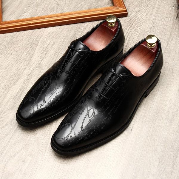 fashion lace up genuine leather mens dress shoes bullock carved wedding business plain toe men formal oxford g301, Black