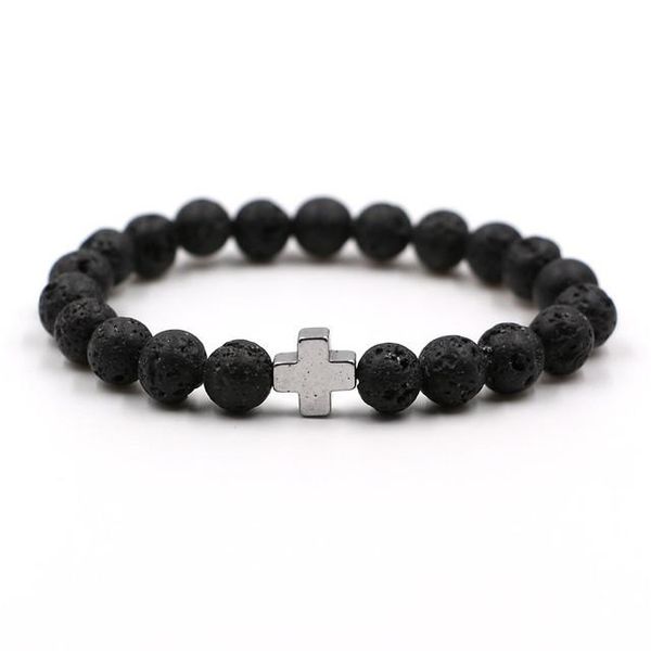 beaded, strands 8mm natural black volcanic lava stone cross bracelet men's female yoga magnetic therapy jewelry pulseras
