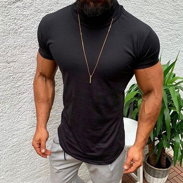men's t-shirts gym t-shirt turtleneck tee designer curved hem longline muscle fit fashion t shirt, White;black
