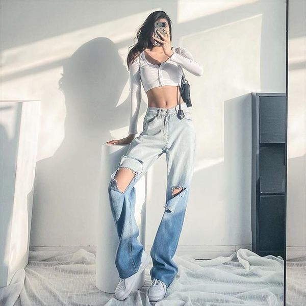 straight high waist loose european womens jean american style ripped gradient pants retro wide leg denim trousers, Blue
straight high waist loose european womens jean american style ripped gradient pants retro wide leg denim trousers, Blue