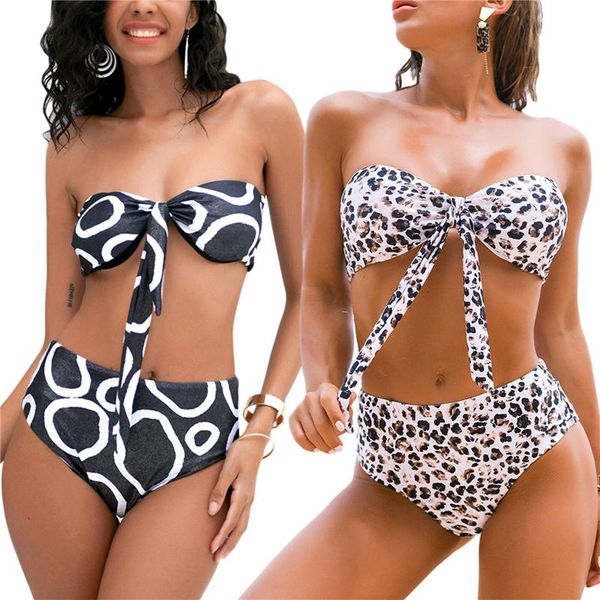 women's swimwear fashion two piece split bikini suits leopard or circle pattern bandage tube and high waist thong, White;black
women's swimwear fashion two piece split bikini suits leopard or circle pattern bandage tube and high waist thong, White;black