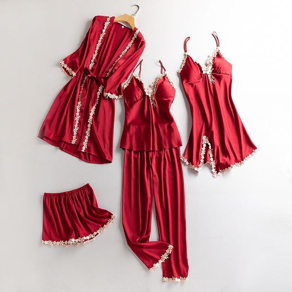 women's sleepwear lace satin 5pcs shirt&pant lady pajamas suit kimono robe gown set strap shirt pyjamas with belt nightwear intimate li, Black;red
women's sleepwear lace satin 5pcs shirt&pant lady pajamas suit kimono robe gown set strap shirt pyjamas with belt nightwear intimate li, Black;red