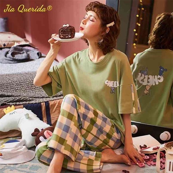 spring crew neck loose woman clothes pajamas for women loungewear pjs sleepwear short sleeve plaid pants homesuit homeclothes 210809, Black;red
spring crew neck loose woman clothes pajamas for women loungewear pjs sleepwear short sleeve plaid pants homesuit homeclothes 210809, Black;red