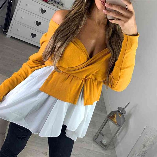 women autumn long sleeve v-neck cross off the shoulder tee shirts irregular patchwork tee shirt femme camisas 210406, White
women autumn long sleeve v-neck cross off the shoulder tee shirts irregular patchwork tee shirt femme camisas 210406, White