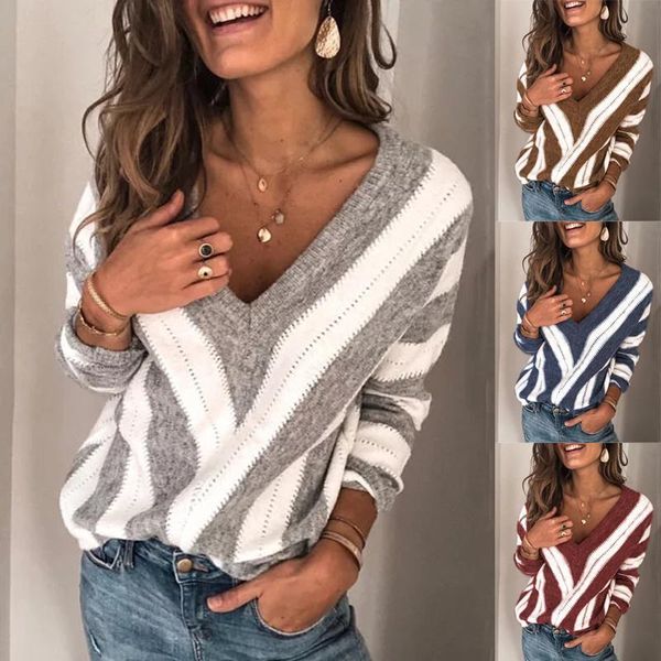 autumn women striped sweaters casual deep v neck long sleeve pullover winter fashion plus size female knitted jumpers women's, White;black 
autumn women striped sweaters casual deep v neck long sleeve pullover winter fashion plus size female knitted jumpers women's, White;black