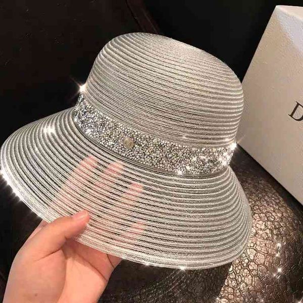 design women's summer new sunscreen sunshade fisherman vacation straw transparent woven beach fashion flash drill basin hat, Blue;gray
design women's summer new sunscreen sunshade fisherman vacation straw transparent woven beach fashion flash drill basin hat, Blue;gray