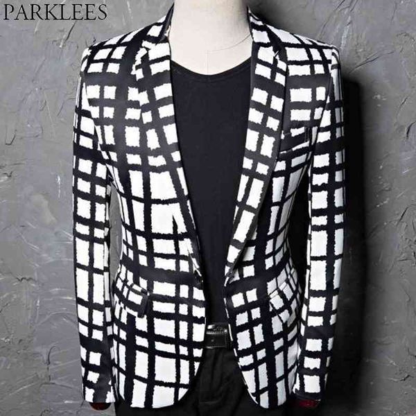black white plaid check blazer jacket men brand slim fit one button stylish wedding party suits &blazer male costume homme 210522, White;black
black white plaid check blazer jacket men brand slim fit one button stylish wedding party suits &blazer male costume homme 210522, White;black