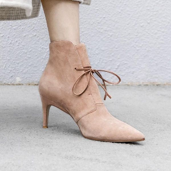 boots french style vintage ankle for women high heel stiletto full kid sude pointed toe cross-tied nude pink office lady booties, Black
boots french style vintage ankle for women high heel stiletto full kid sude pointed toe cross-tied nude pink office lady booties, Black