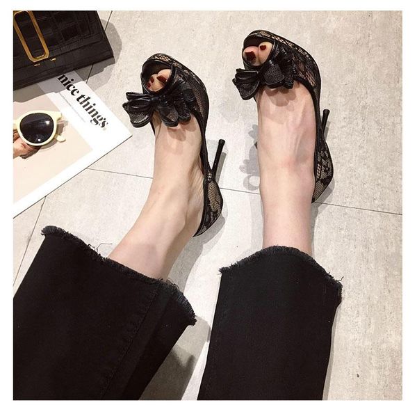 fashion fish mouth bow lace waterproof platform heels dress shoes, Black