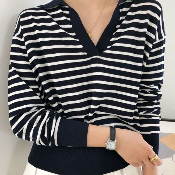 sweaters women's two colors knit sweater striped long sleeve simple casual v-neck early autumn female knitted top, White;black
sweaters women's two colors knit sweater striped long sleeve simple casual v-neck early autumn female knitted top, White;black
