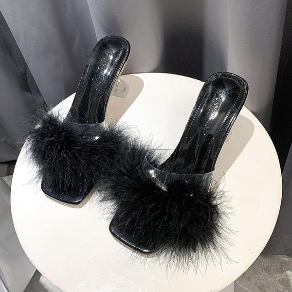 slippers glass heels fur women transparent square toe slides korean sweet fluffy stilletto high clear pantoufles femme2021, Black
slippers glass heels fur women transparent square toe slides korean sweet fluffy stilletto high clear pantoufles femme2021, Black