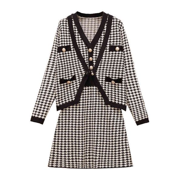 women knitted sleeveless dress mini two pieces set cardigan houndtooth black white v neck t0452 210514, Black;gray
women knitted sleeveless dress mini two pieces set cardigan houndtooth black white v neck t0452 210514, Black;gray