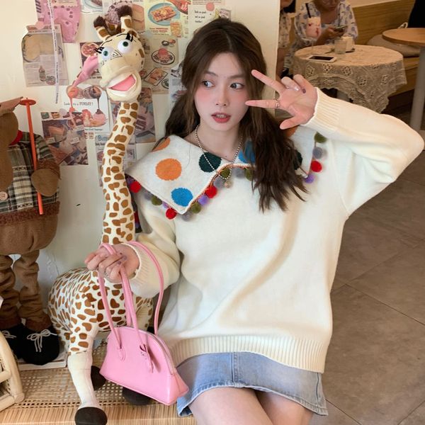 women's sweaters korean autumn nightgown long sleeve loose colorful sweater origin large ball knitted to woman bjrt, White;black
women's sweaters korean autumn nightgown long sleeve loose colorful sweater origin large ball knitted to woman bjrt, White;black