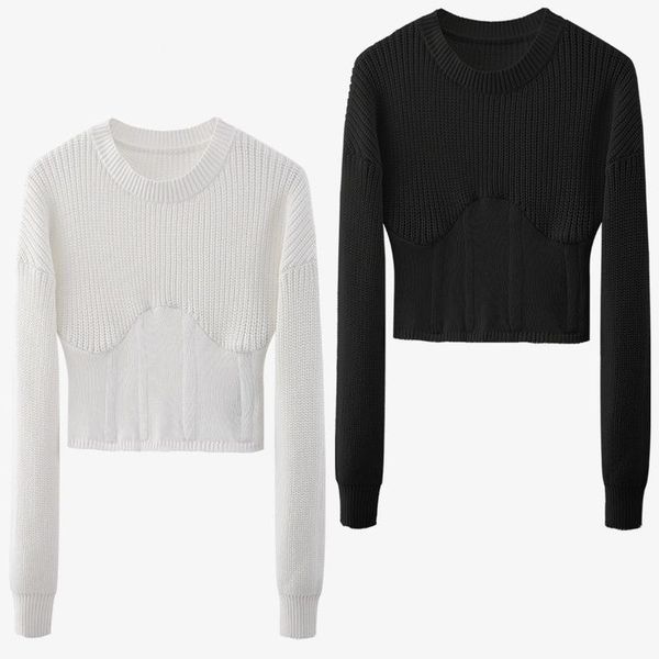sweater women's clothing simple solid color fish bone corset waist high round neck short knitted for women sweaters, White;black
sweater women's clothing simple solid color fish bone corset waist high round neck short knitted for women sweaters, White;black