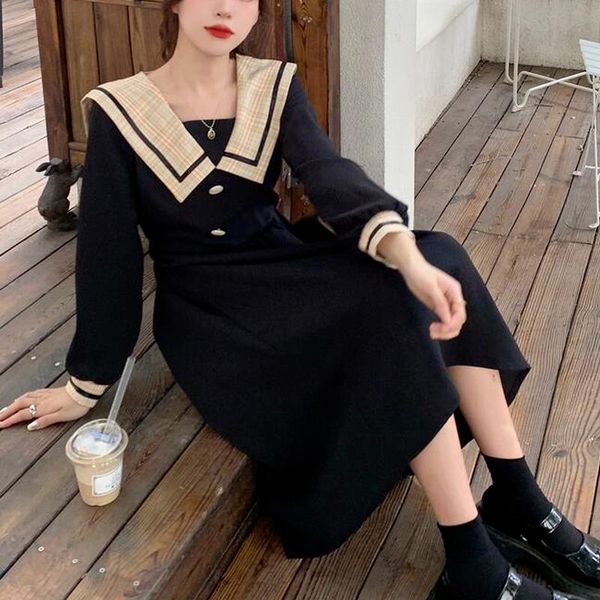 casual dresses vintage elegant long dress korean one piece sailor collar sleeve japan kawaii fairy evening party 2021 autumn, Black;gray
casual dresses vintage elegant long dress korean one piece sailor collar sleeve japan kawaii fairy evening party 2021 autumn, Black;gray