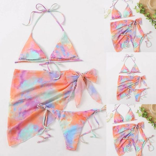 women's swimwear 3-piece gradual change rainbow printing bikini suit brazilian swimsuit with gauze cage to cover the beach skirt, White;black
women's swimwear 3-piece gradual change rainbow printing bikini suit brazilian swimsuit with gauze cage to cover the beach skirt, White;black