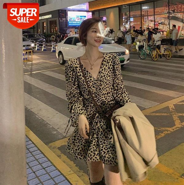 sweet and cool little milk leopard drawstring print dress design sense french v-neck temperament skirt trend #8b6h, White;black
