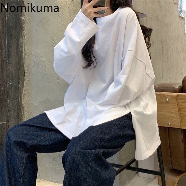 nomikuma korean style white t shirt women solid color o neck long sleeve casual loose tshirts female side split chic 210514
nomikuma korean style white t shirt women solid color o neck long sleeve casual loose tshirts female side split chic 210514